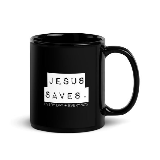 Jesus Saves. Black Glossy Mug